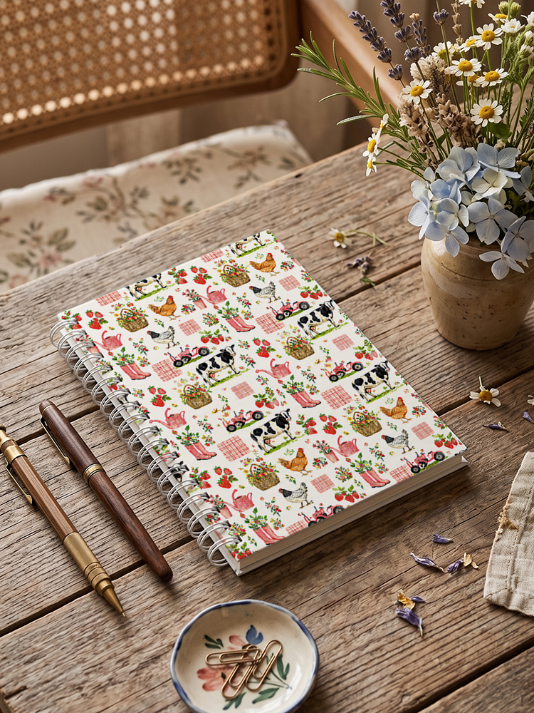 Watercolor Pink Farm Chicken Cow Print A5 Spiral Notebook 