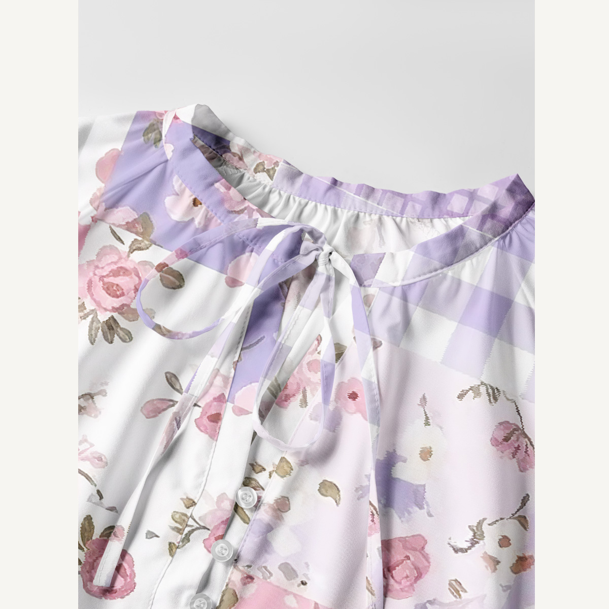 Sweet Cottage Patchwork Print Boho Tie‑Neck Smock Mini Dress