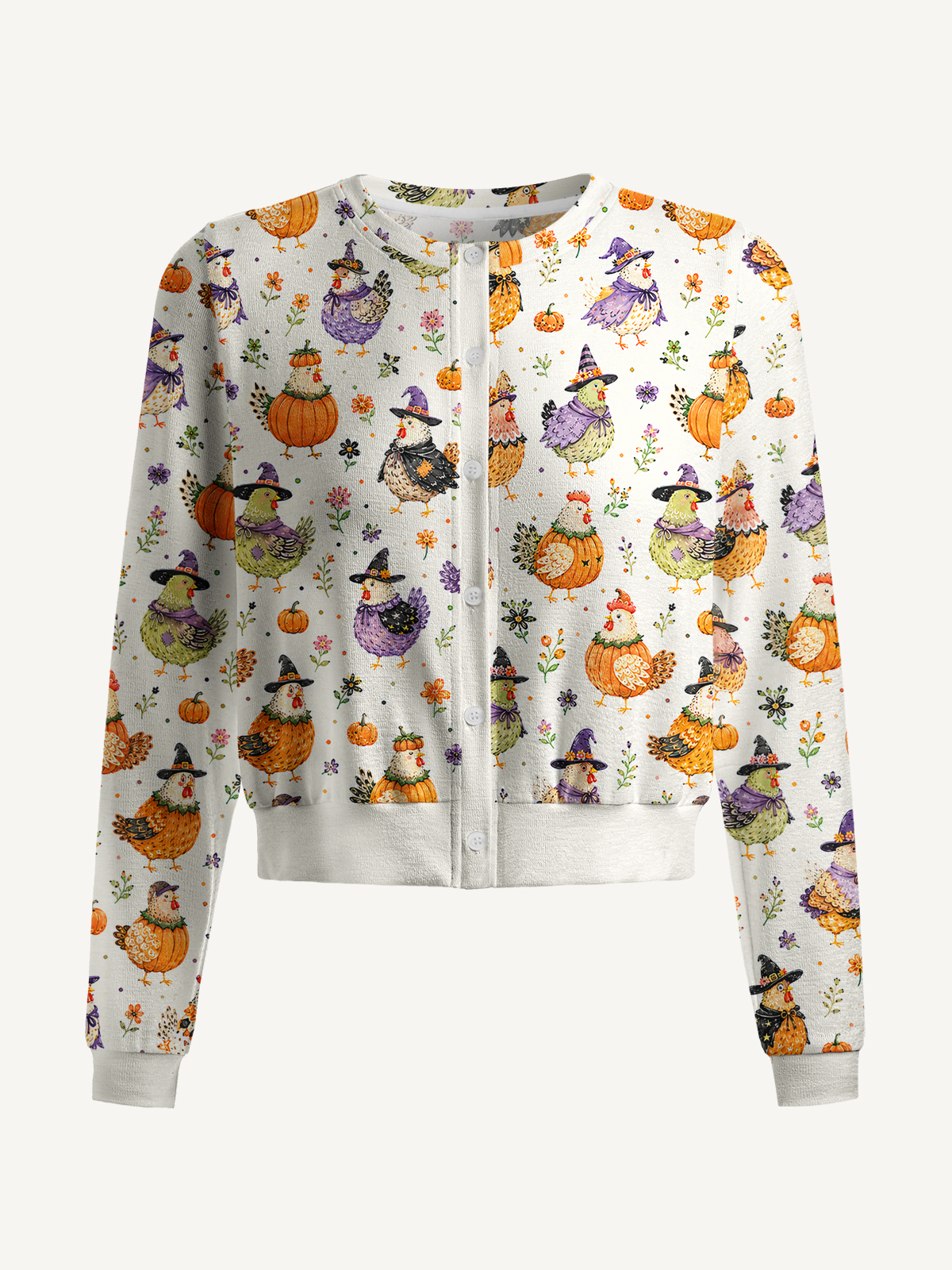 Cute Whimsical Chicken Colorful Print Fine‑Knit Cardigan