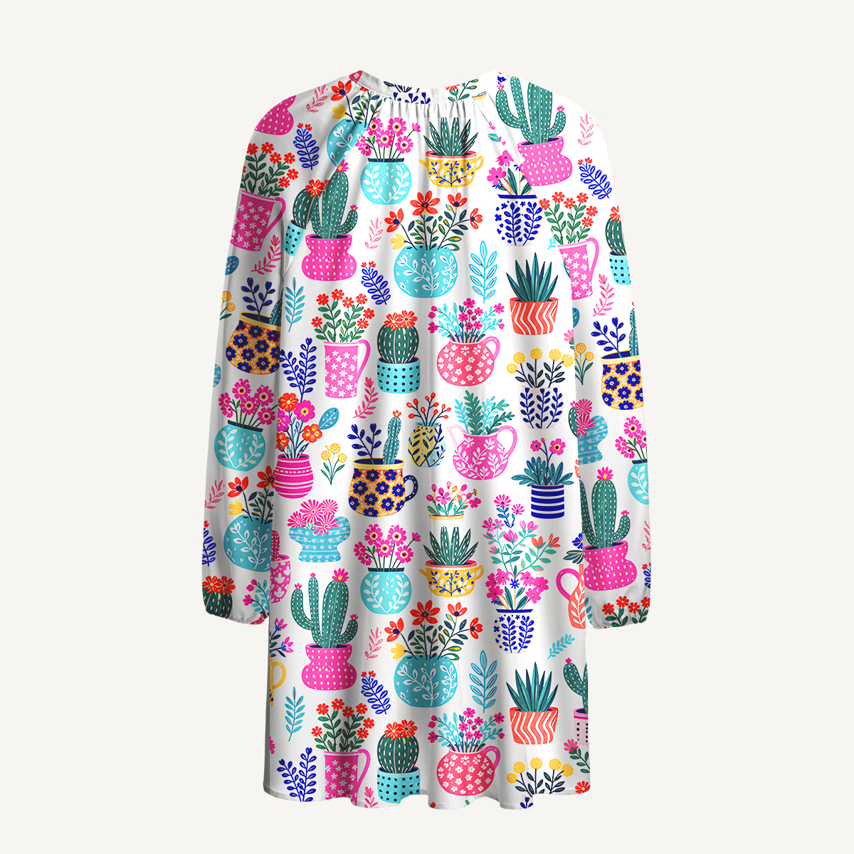 Cactus and Flowers Print Boho Tie‑Neck Smock Mini Dress