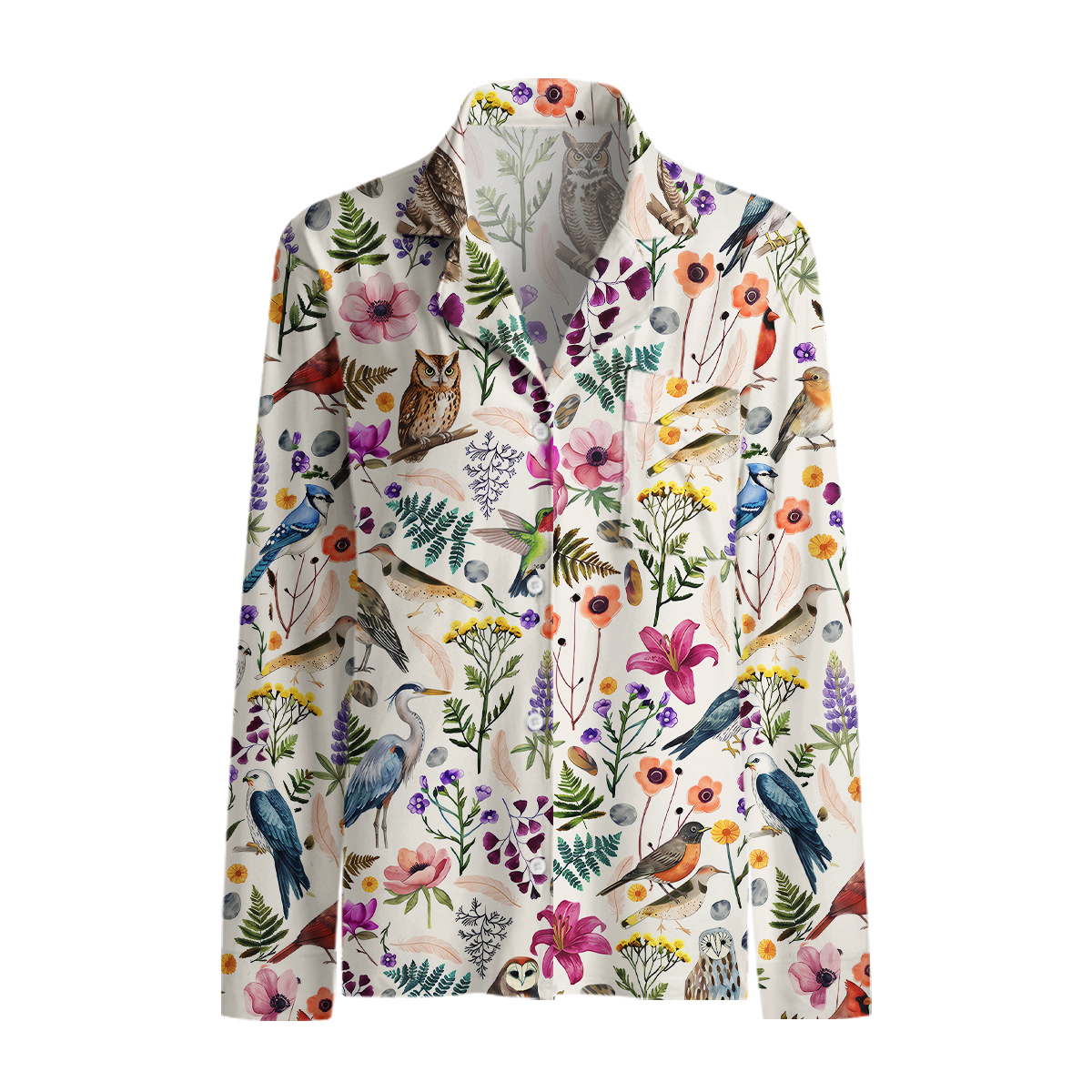 Whimsical Woodland Birds Wildflowers Print Long Pajama Set 
