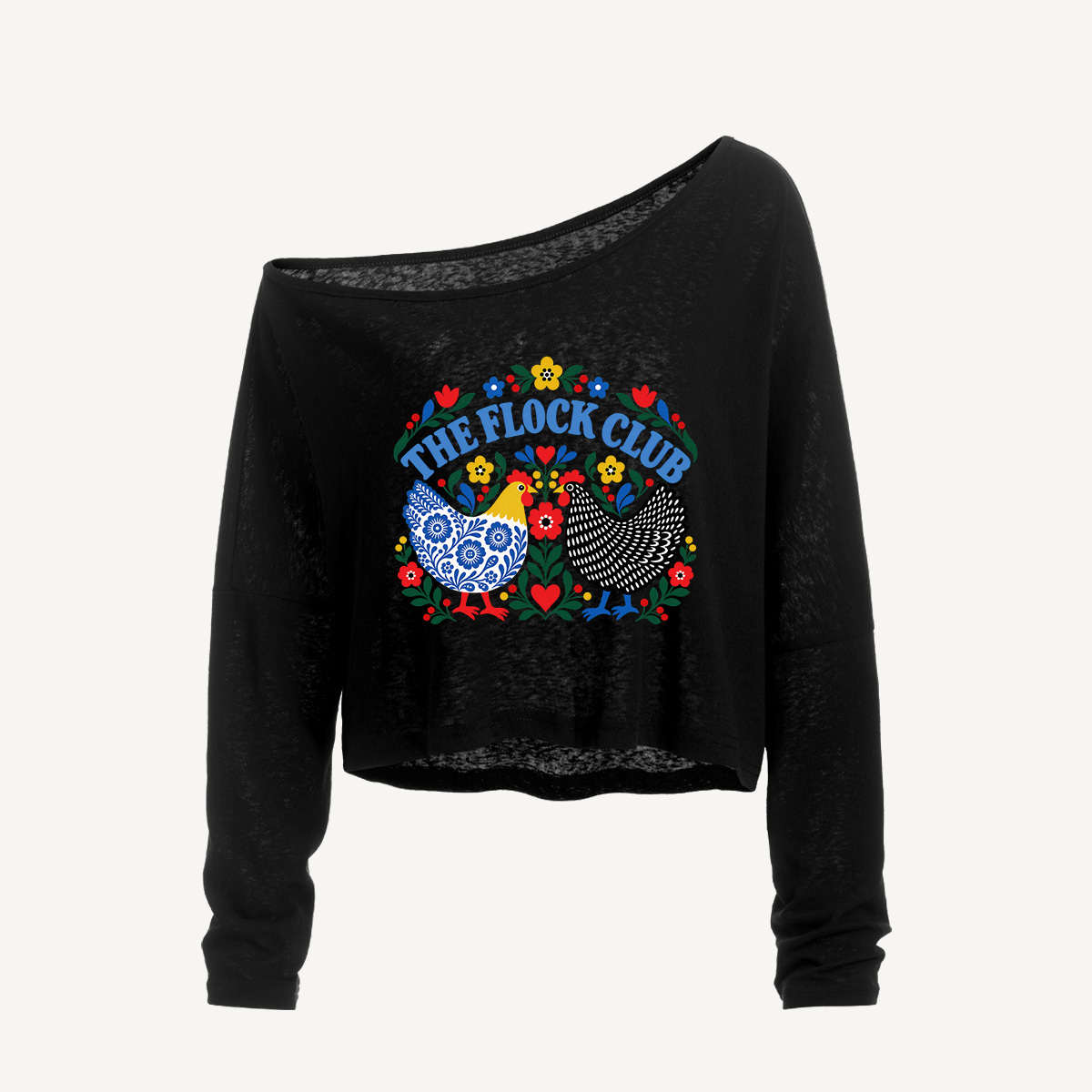 Blue Willow Folk Hens Long Sleeve Off Shoulder T-shirt