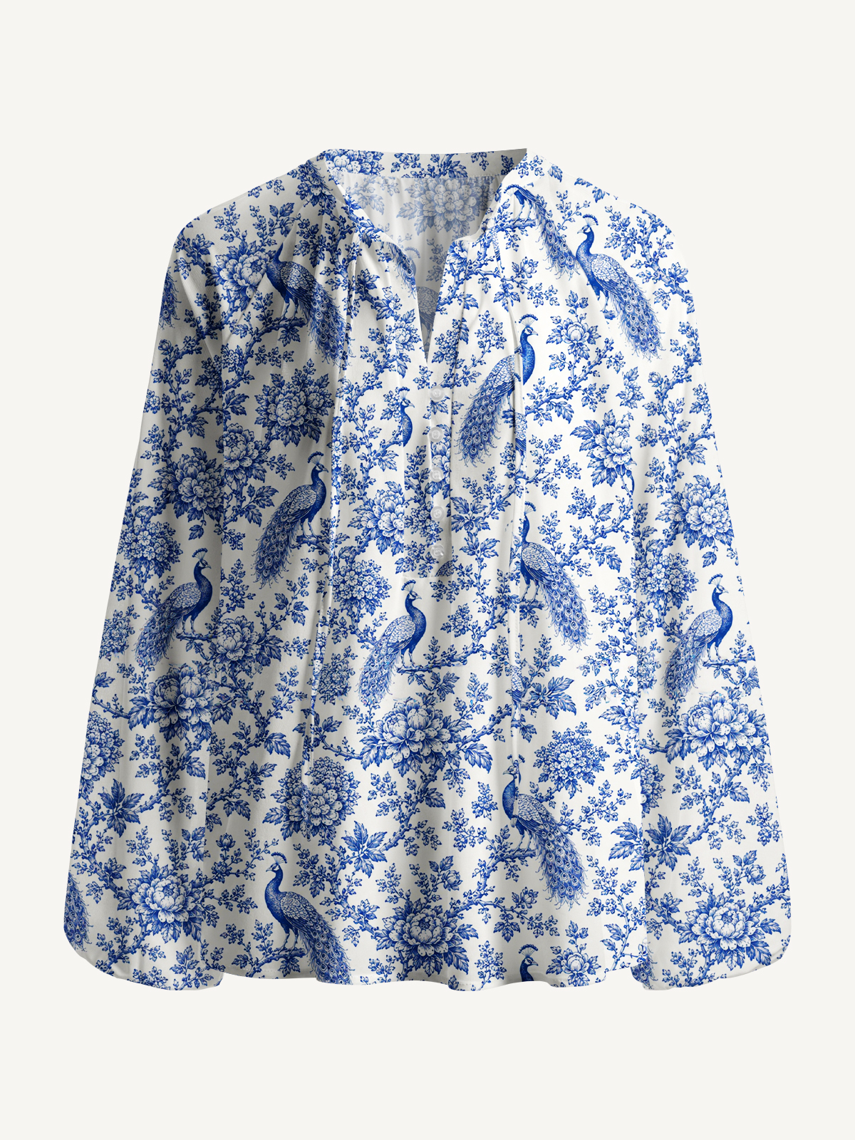 Blue Chinoiserie Peacock and Bloom Toile Print Boho Long Sleeve Tie‑Neck Blouse