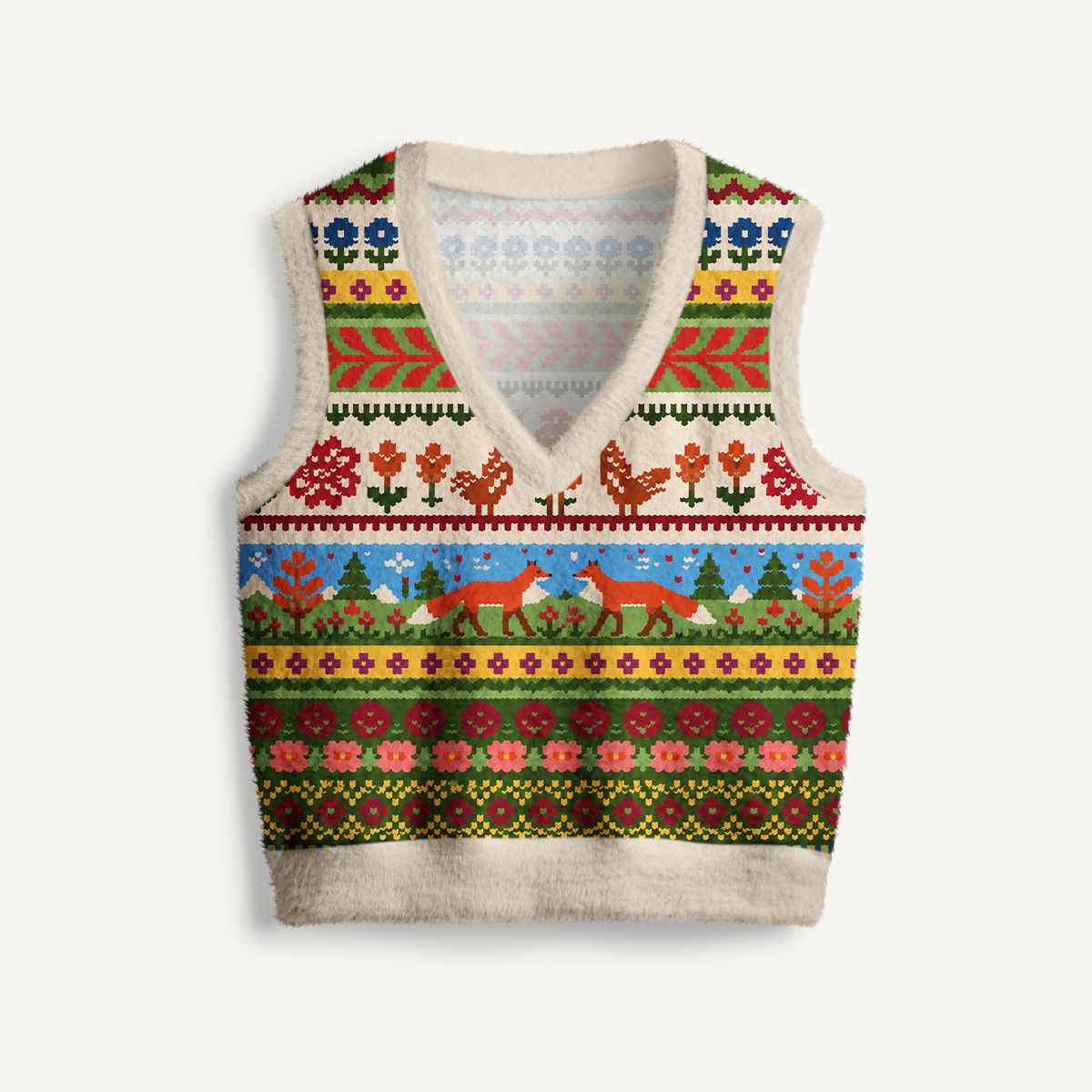 Nordic Fox Heritage Stripe Print V-Neck Sweater Vest