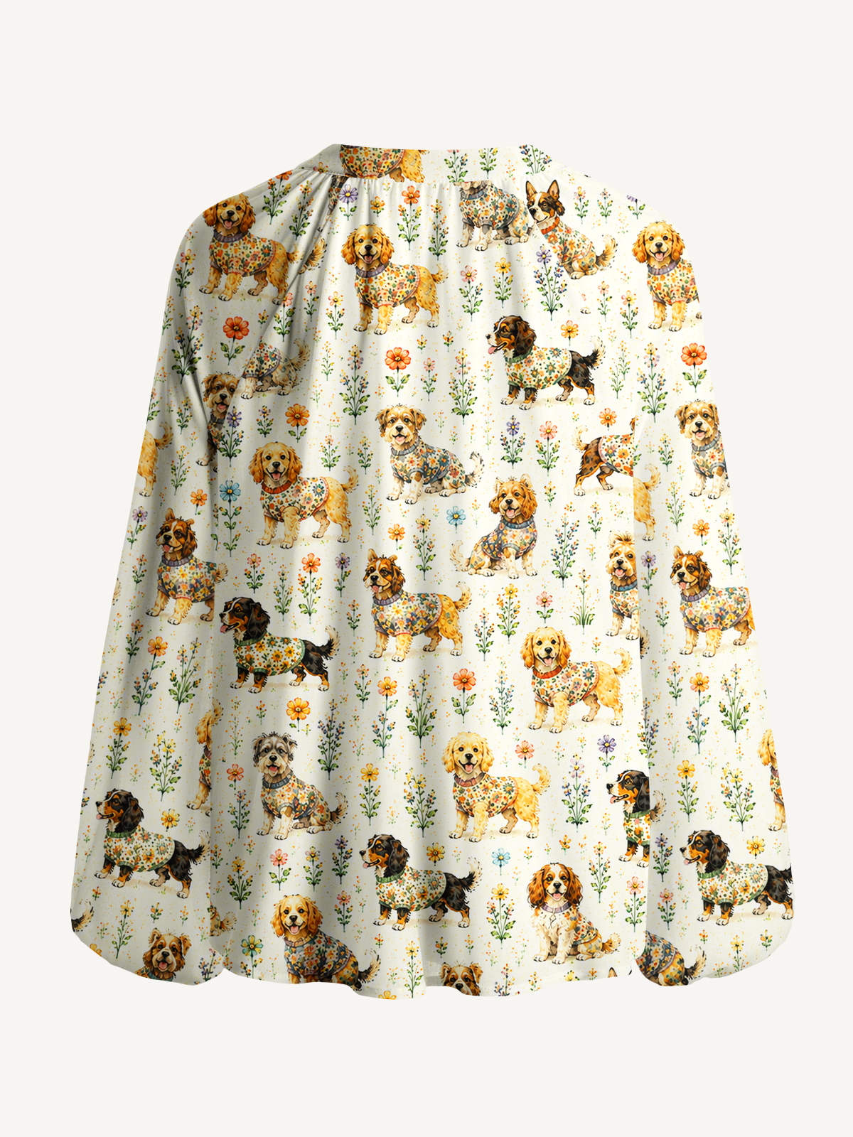 Cute Dog Garden Print Boho Long Sleeve Tie‑Neck Blouse