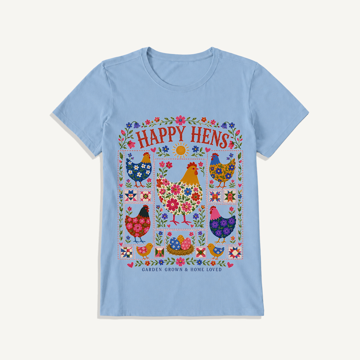 Happy Hens Floral Patchwork Print Crew Neck Cotton Tee