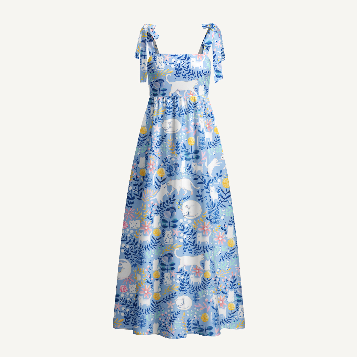 Blue Leaf Cat Print Bow Strap Maxi Dress With Pockets