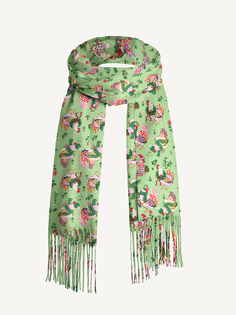 Christmas Chickens Holiday Garden Print Cozy Fringed Scarf