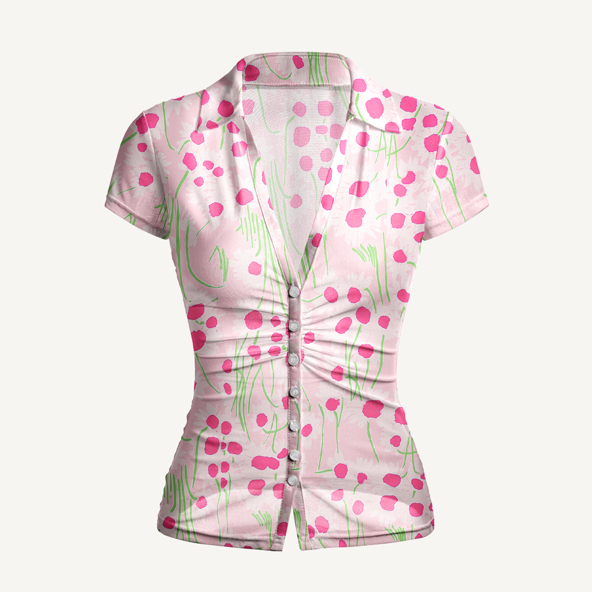 V-Neck Short Sleeve Pink Daisy Print Mesh Top