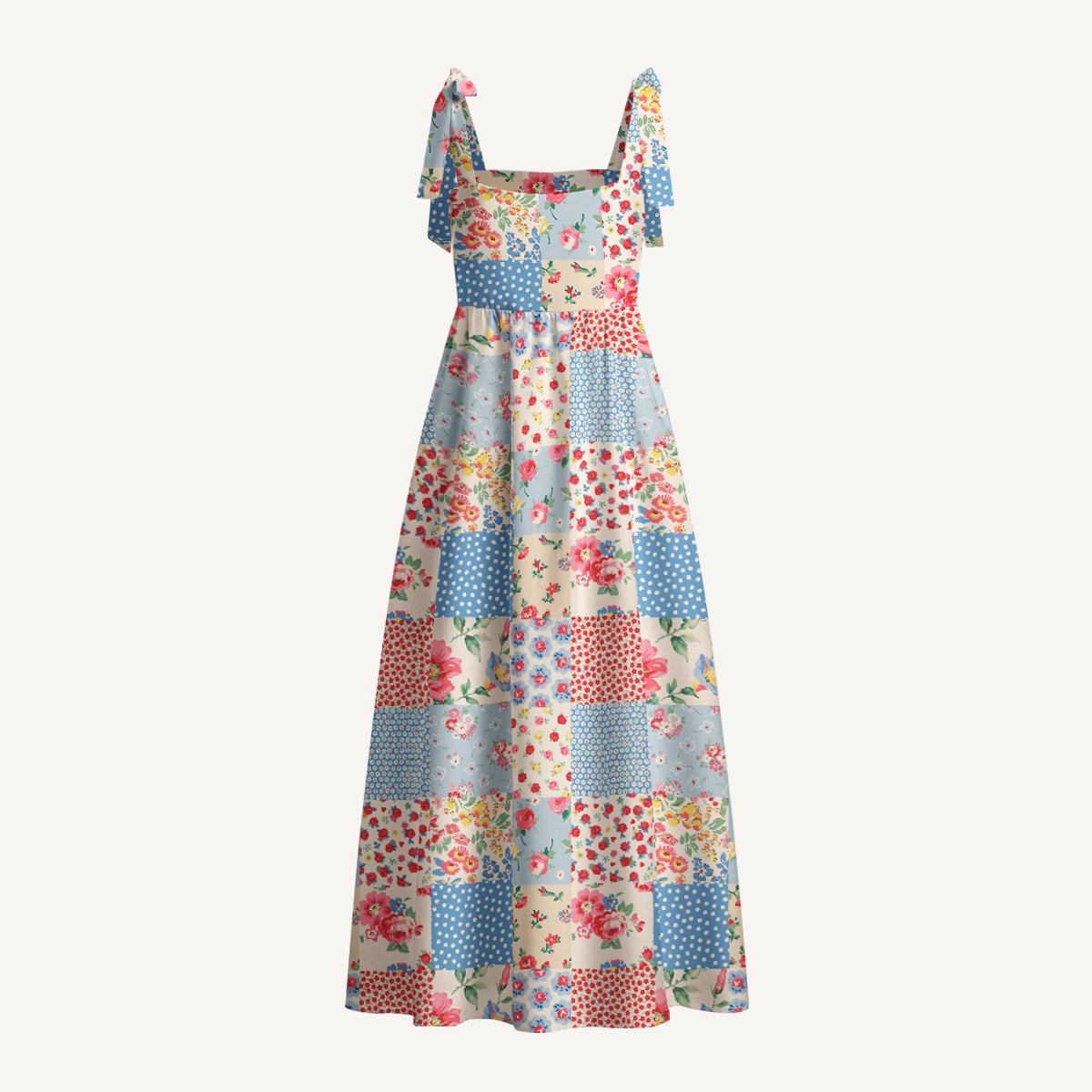 Pastel Patc Print Bow Strap Maxi Dress