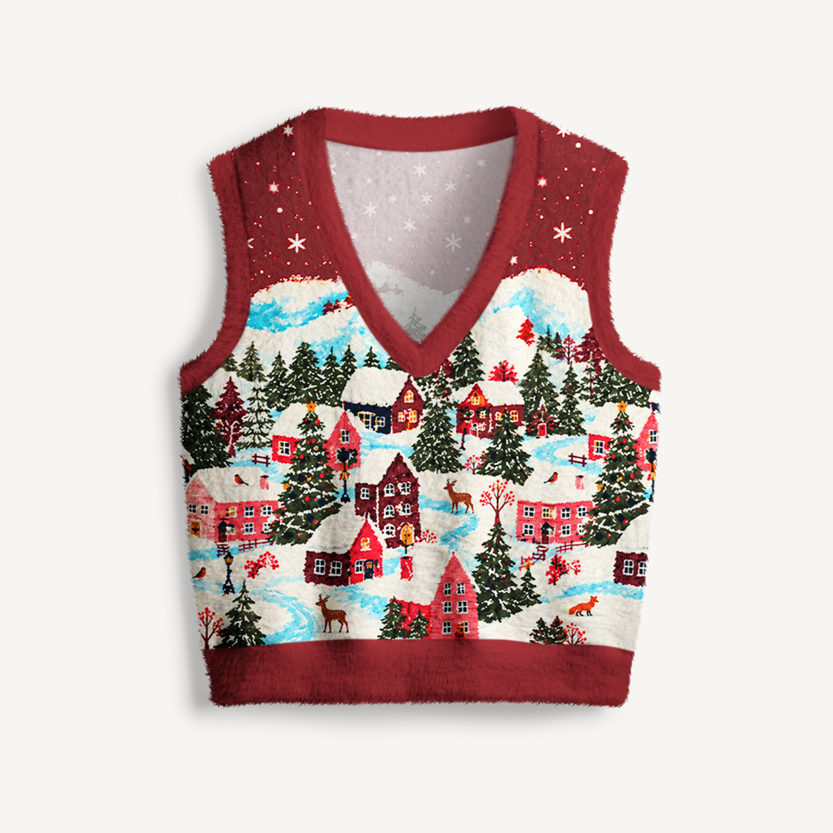 Vintage Festive Forest Village Print V-Neck Sweater Vest