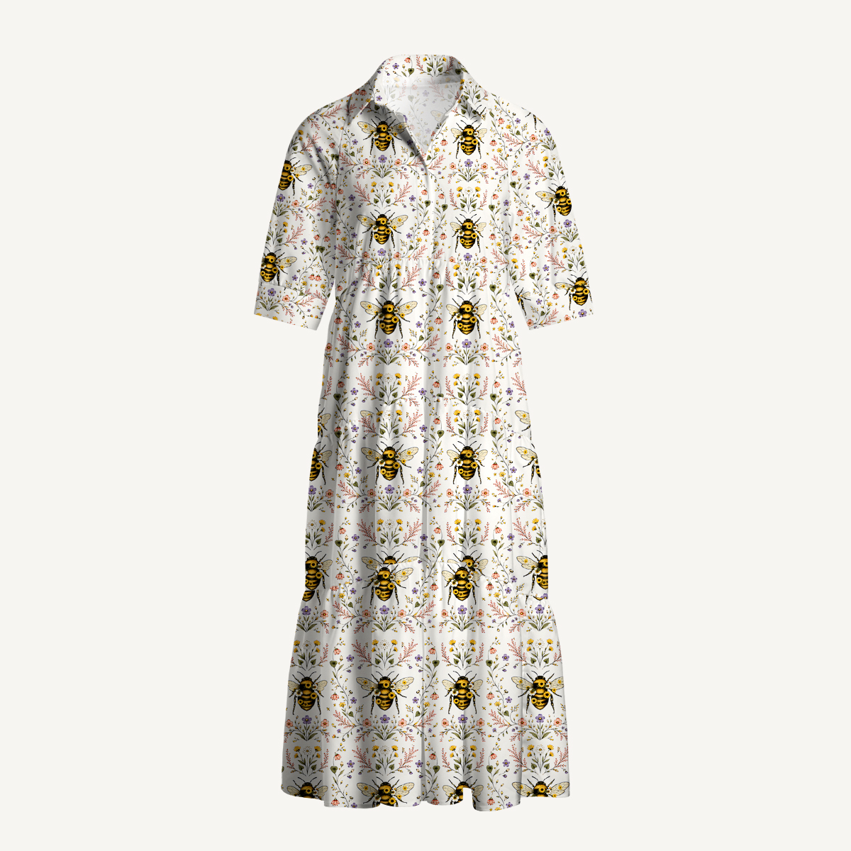 V Neck Collared Bee Floral Print Quilt Print Casual Midi Dress With Pockets