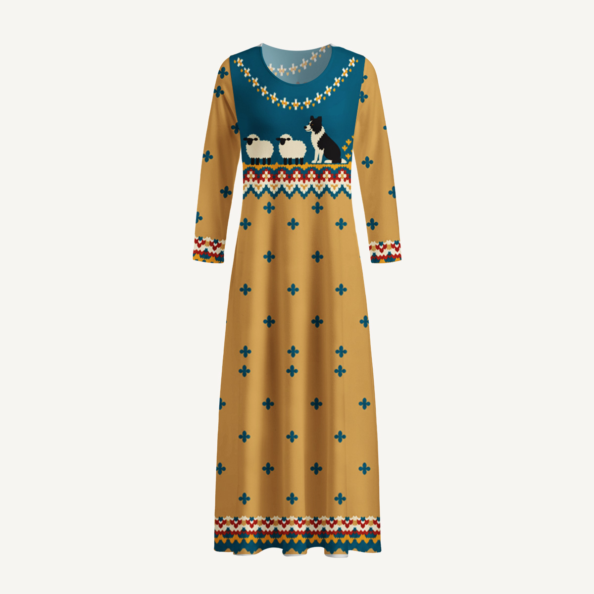 Pastoral Sheep & Sheepdog Print Soft-Touch Stretch Knit Long Sleeve Maxi Dress with Pockets