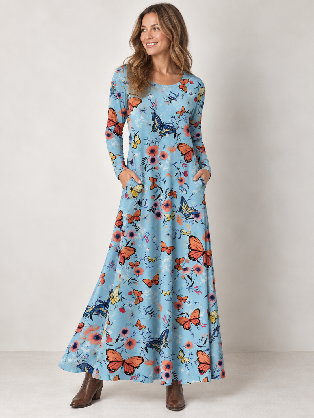 Butterfly Blossom Print Soft-Touch Stretch Knit Long Sleeve Maxi Dress with Pockets
