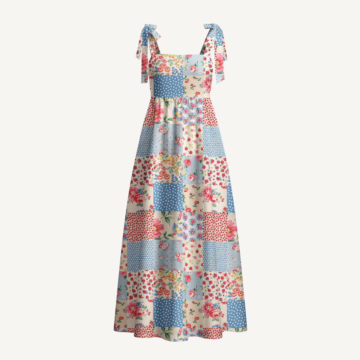 Pastel Patc Print Bow Strap Maxi Dress