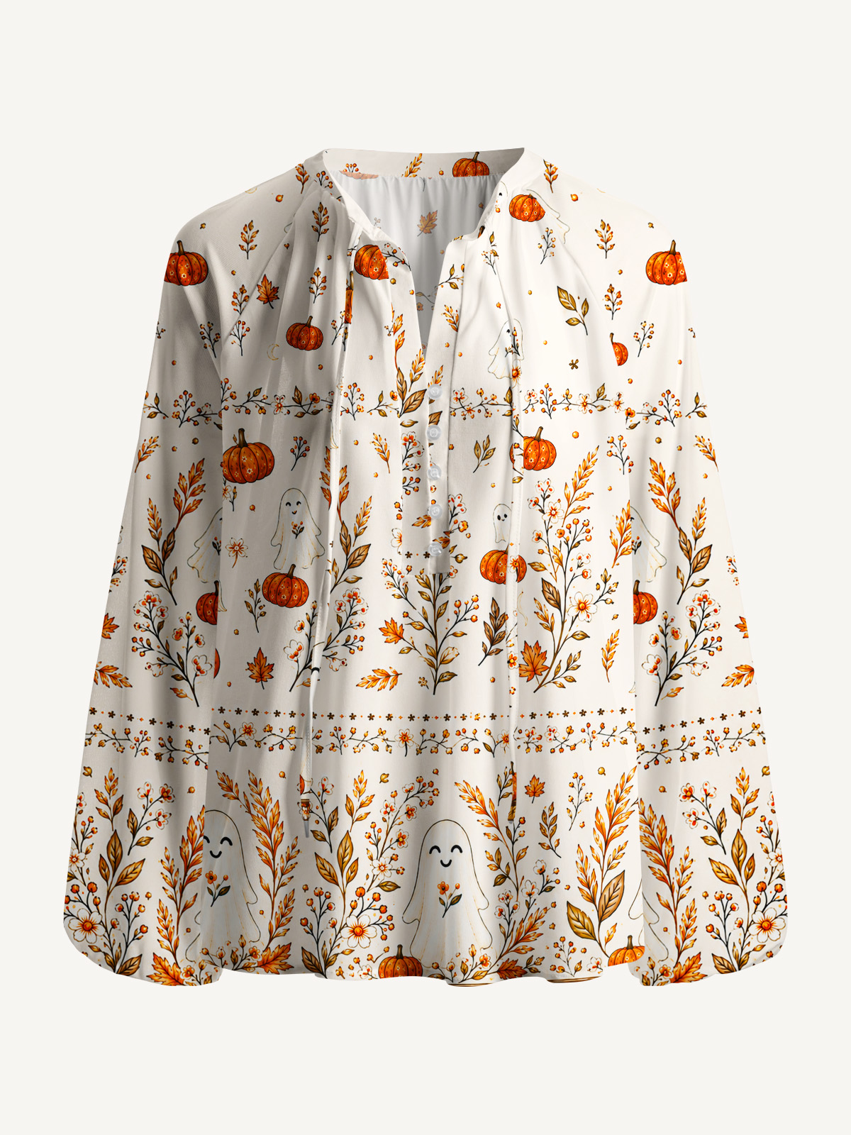 Pumpkin Ghost Cottage Print Boho Long Sleeve Tie‑Neck Blouse