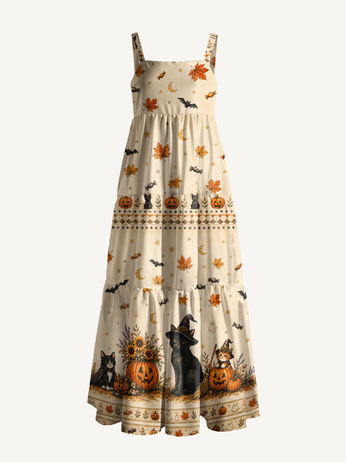 Spooky Cat & Pumpkin Print Wide Straps Maxi Dress With Pockets