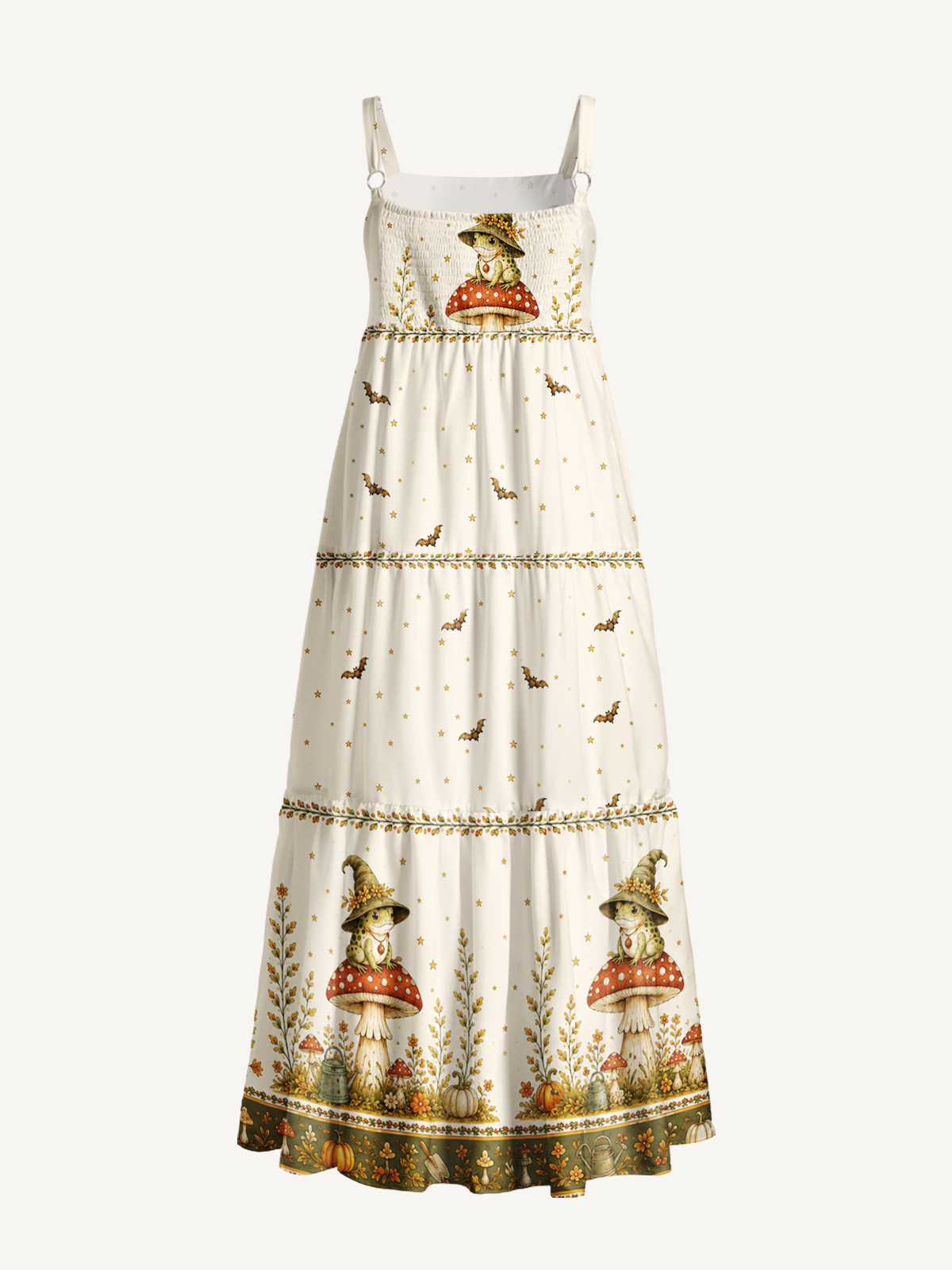 Fairy Tale Mushroom Little Frog Witch Garden Print Wide Straps Maxi Dress With Pockets
