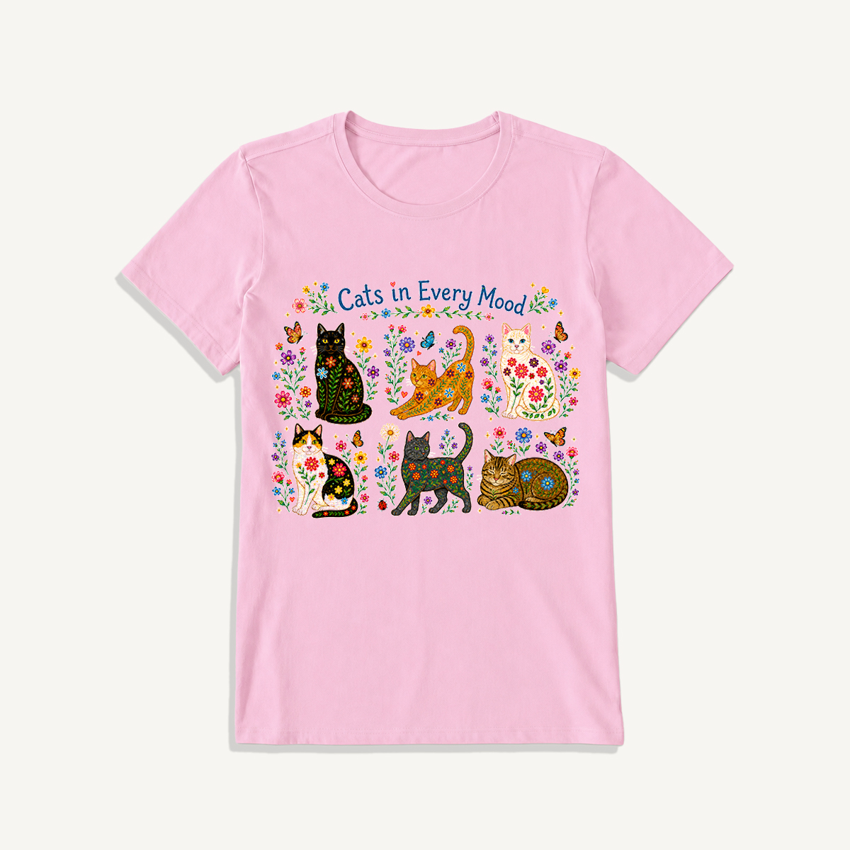 Cats in Every Mood Print Crew Neck Cotton Tee