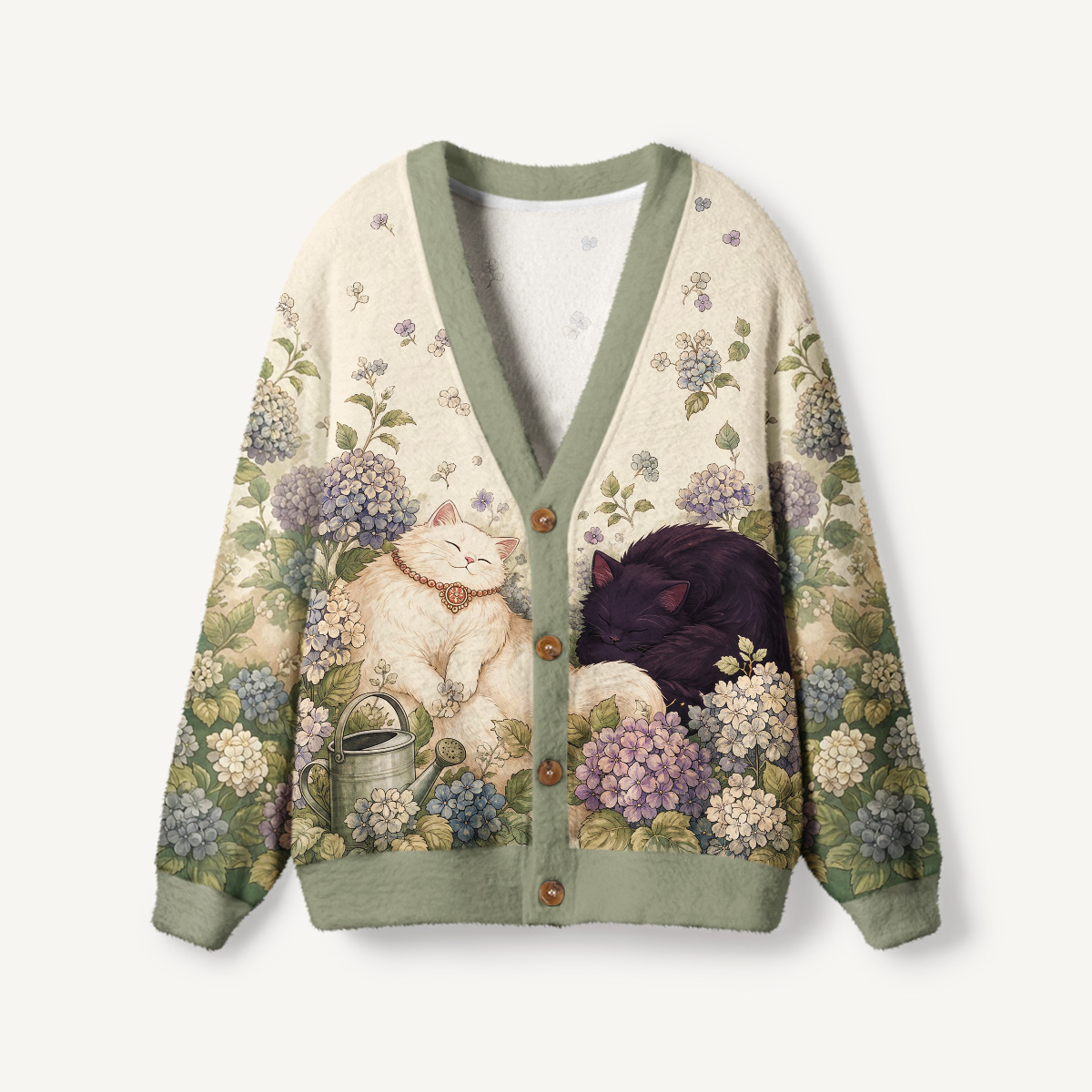 Hydrangea Garden Napping Cats Print Ugly Cardigan Sweaters