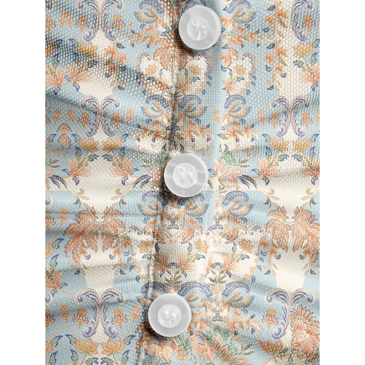 V-Neck Short Sleeve Azure Lily Palace Print Mesh Top