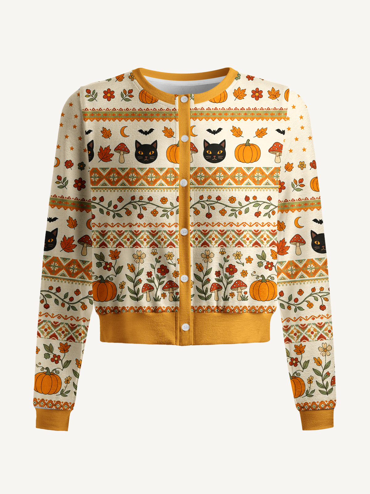 Lightweight Crew Neck Long‑Sleeve Cropped Autumn Fair Isle Pumpkin & Black Cat Print Fine‑Knit Cardigan