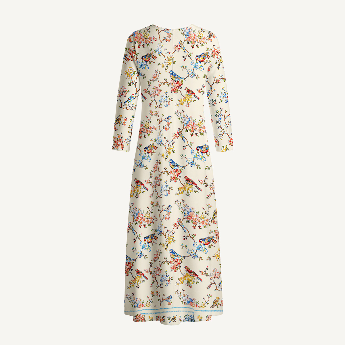 Vintage Floral Songbirds Print Soft-Touch Stretch Knit Long Sleeve Maxi Dress with Pockets