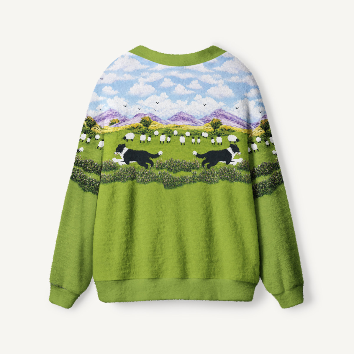 Green Meadow Sheepdog Print Ugly Cardigan Sweaters