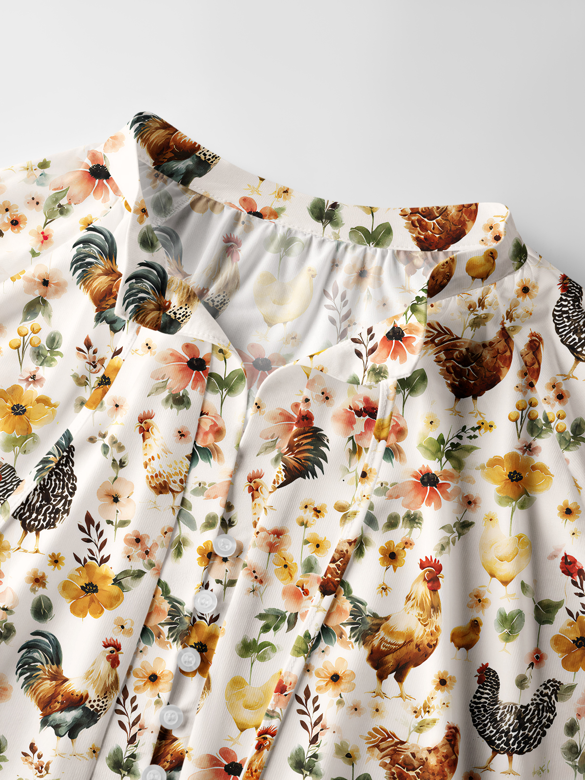 Watercolor Chicken Floral Print Boho Long Sleeve Tie‑Neck Blouse