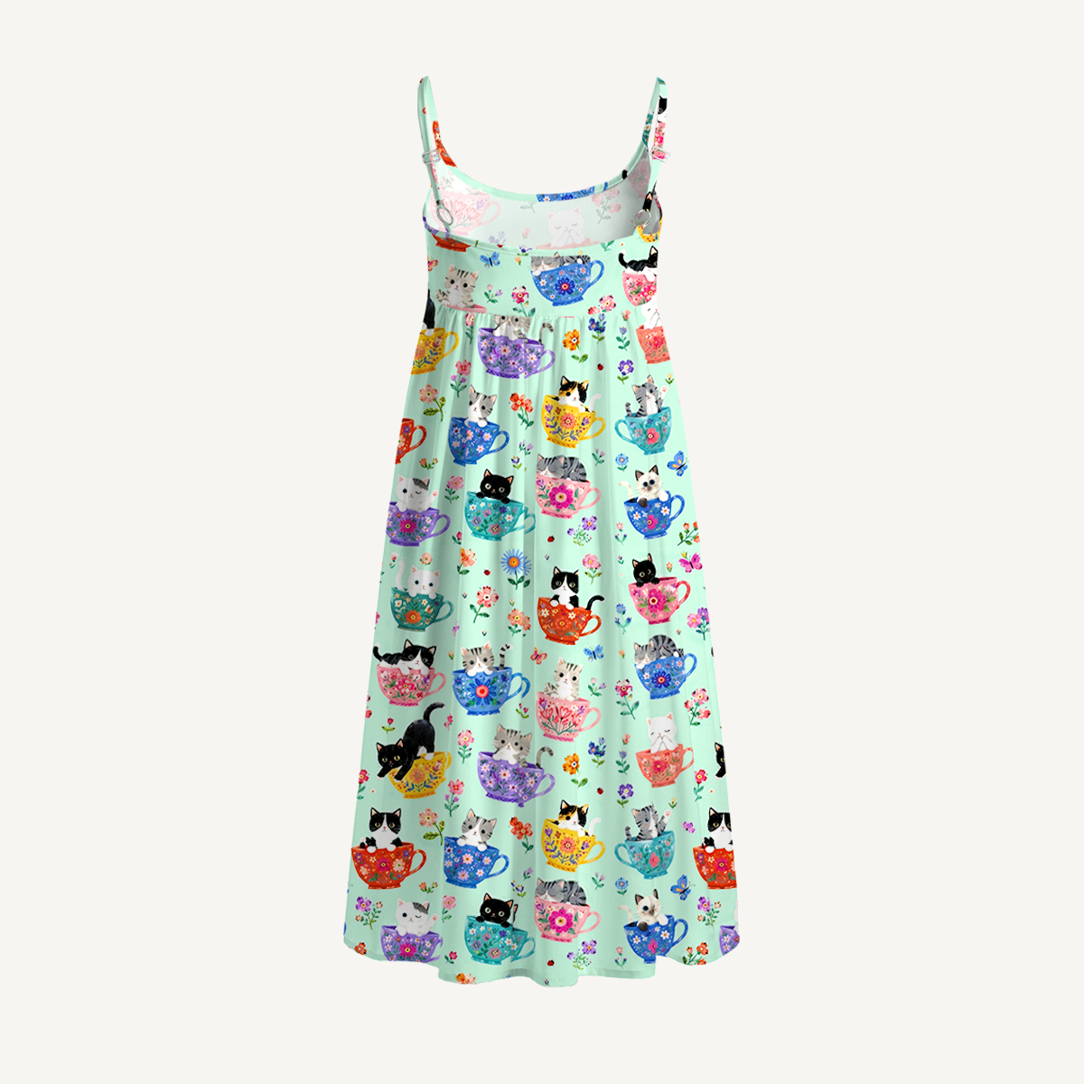 Cute Teacup Kitten Print Spaghetti Strap Mini Dress