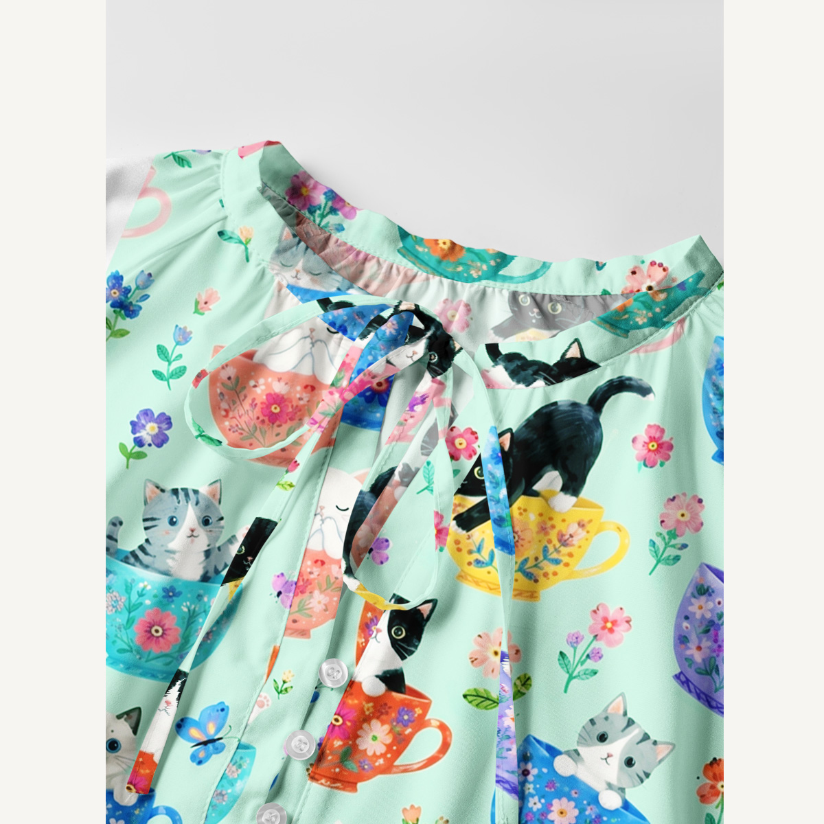 Cute Teacup Kitten Print Boho Tie‑Neck Smock Mini Dress