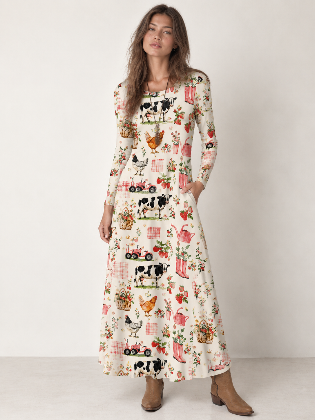 Watercolor Pink Farm Chicken Print Soft-Touch Stretch Knit Long Sleeve Maxi Dress with Pockets