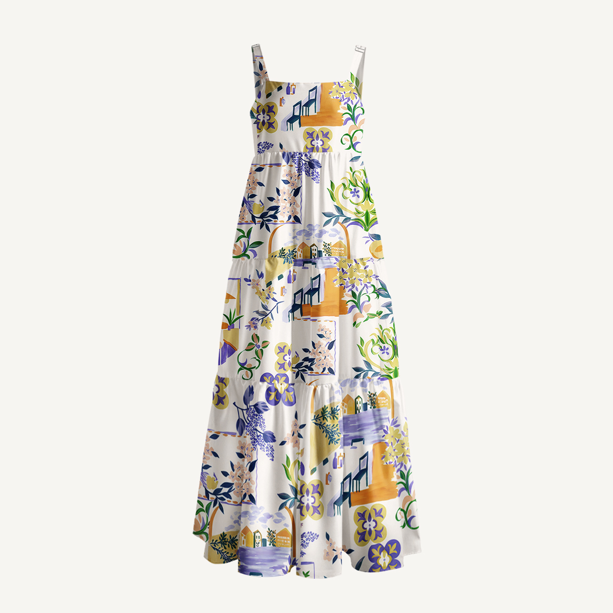 Riverside Garden Terrace Print Quilt Wide Straps Maxi Dress With Pockets