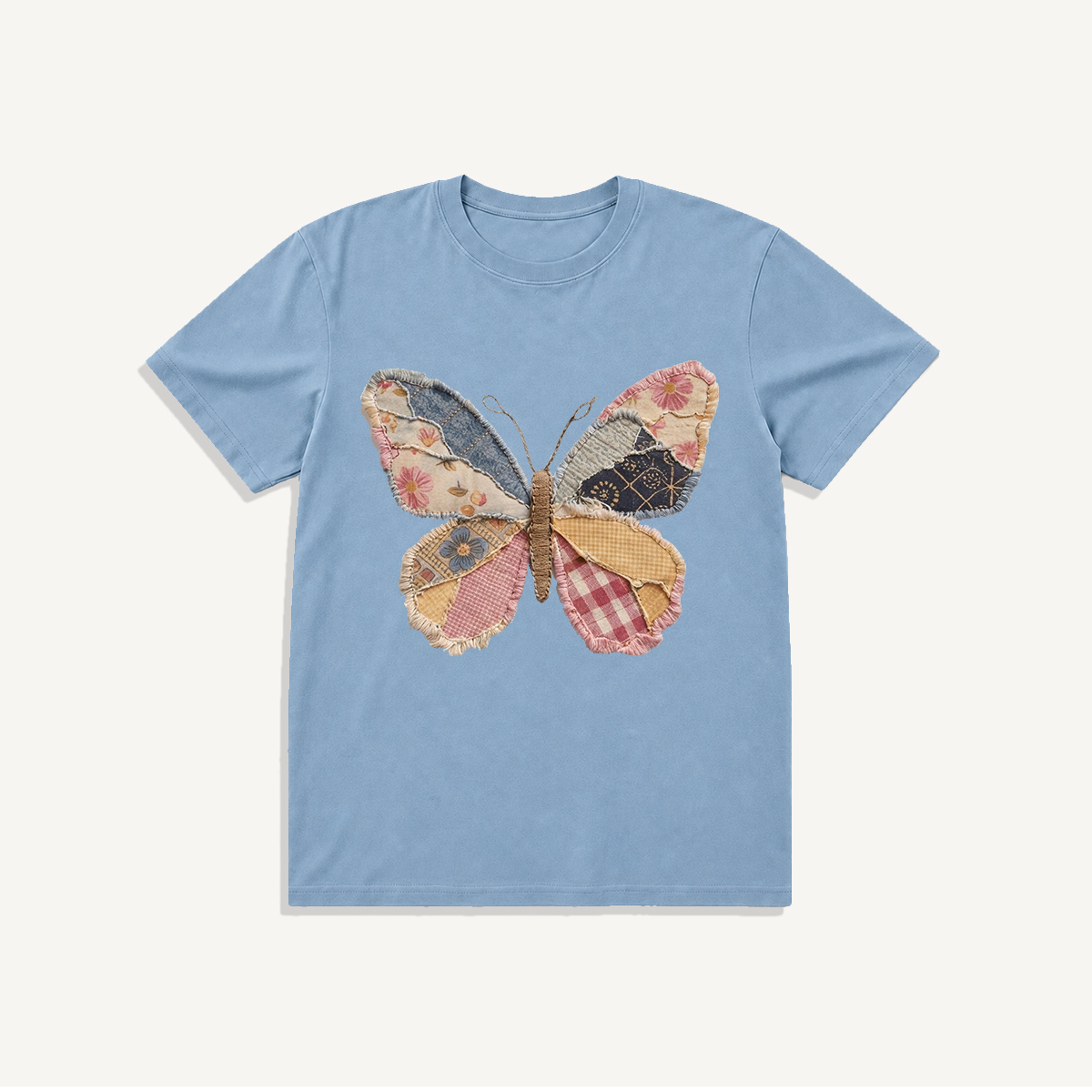 Quilt Patch Butterfly Print Crew Neck Cotton Tee