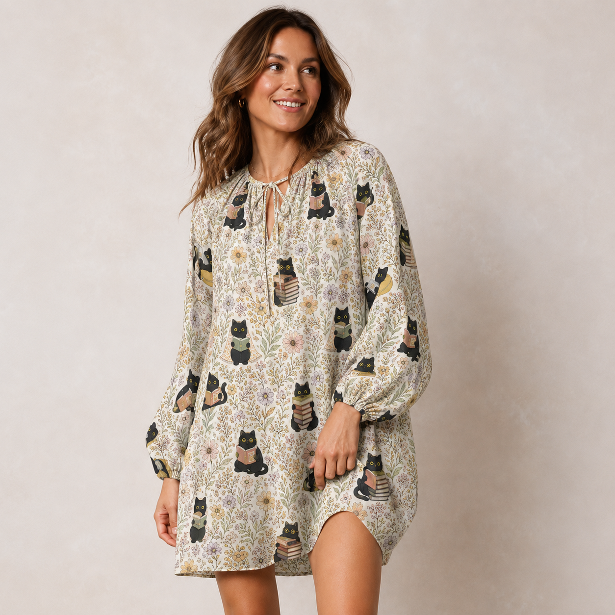 Books Blooms and Black Cats Print Boho Tie‑Neck Smock Mini Dress