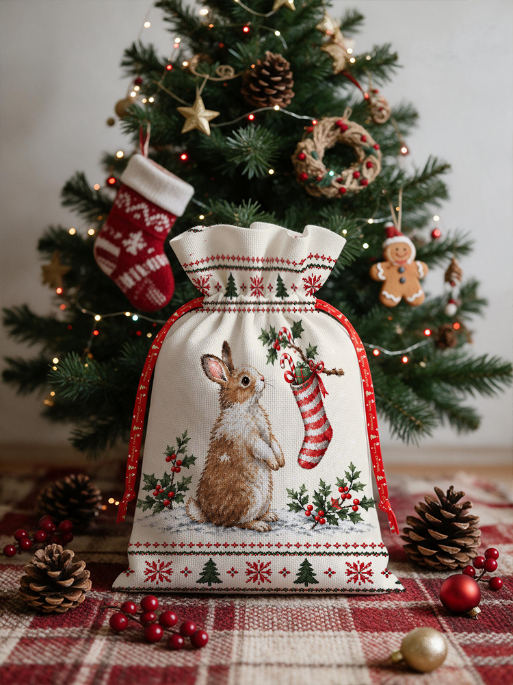 Cozy Christmas Bunny Reusable Drawstring Gift Bag