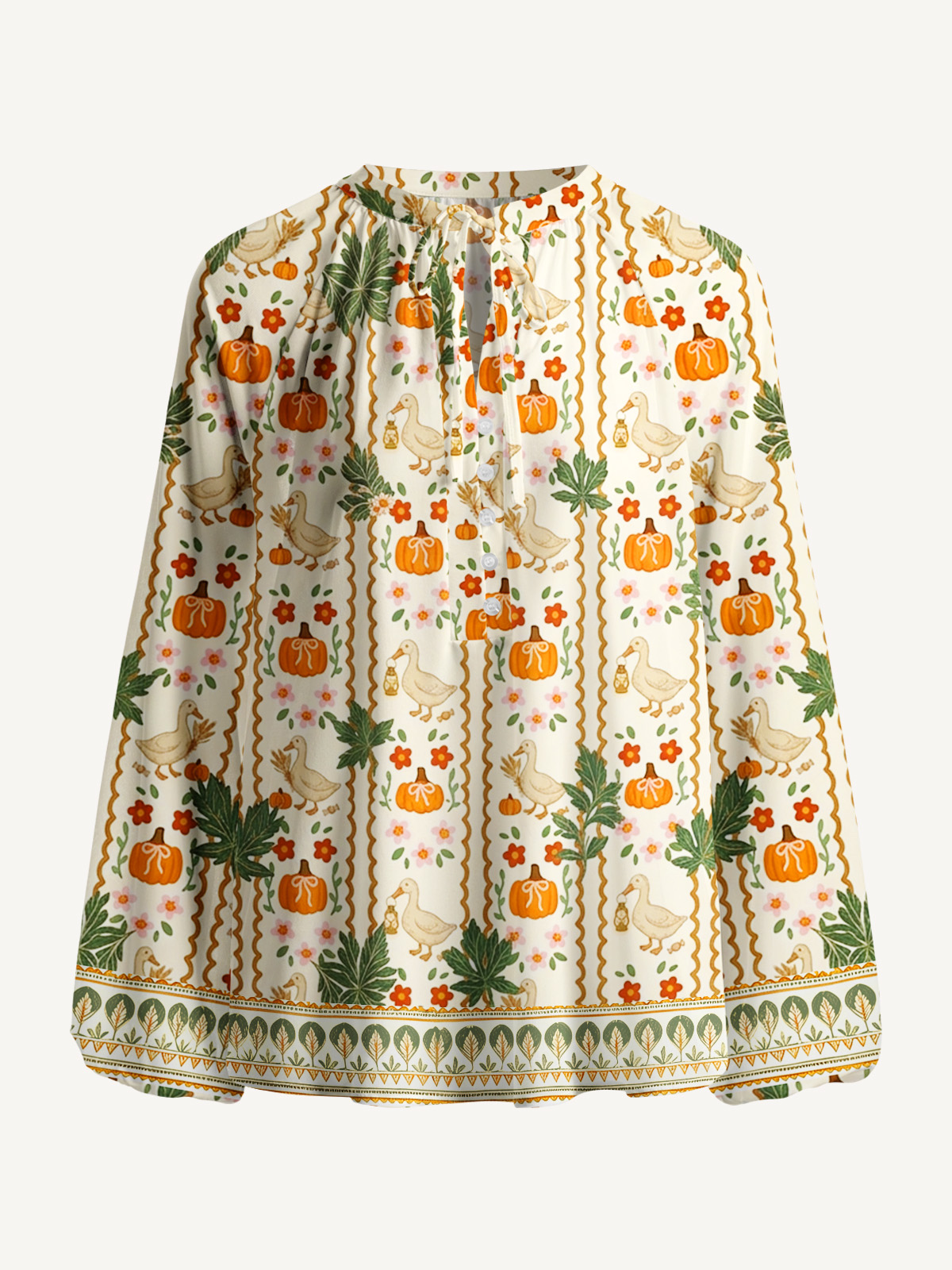 Harvest Goose & Pumpkin Print Boho Long Sleeve Tie‑Neck Blouse