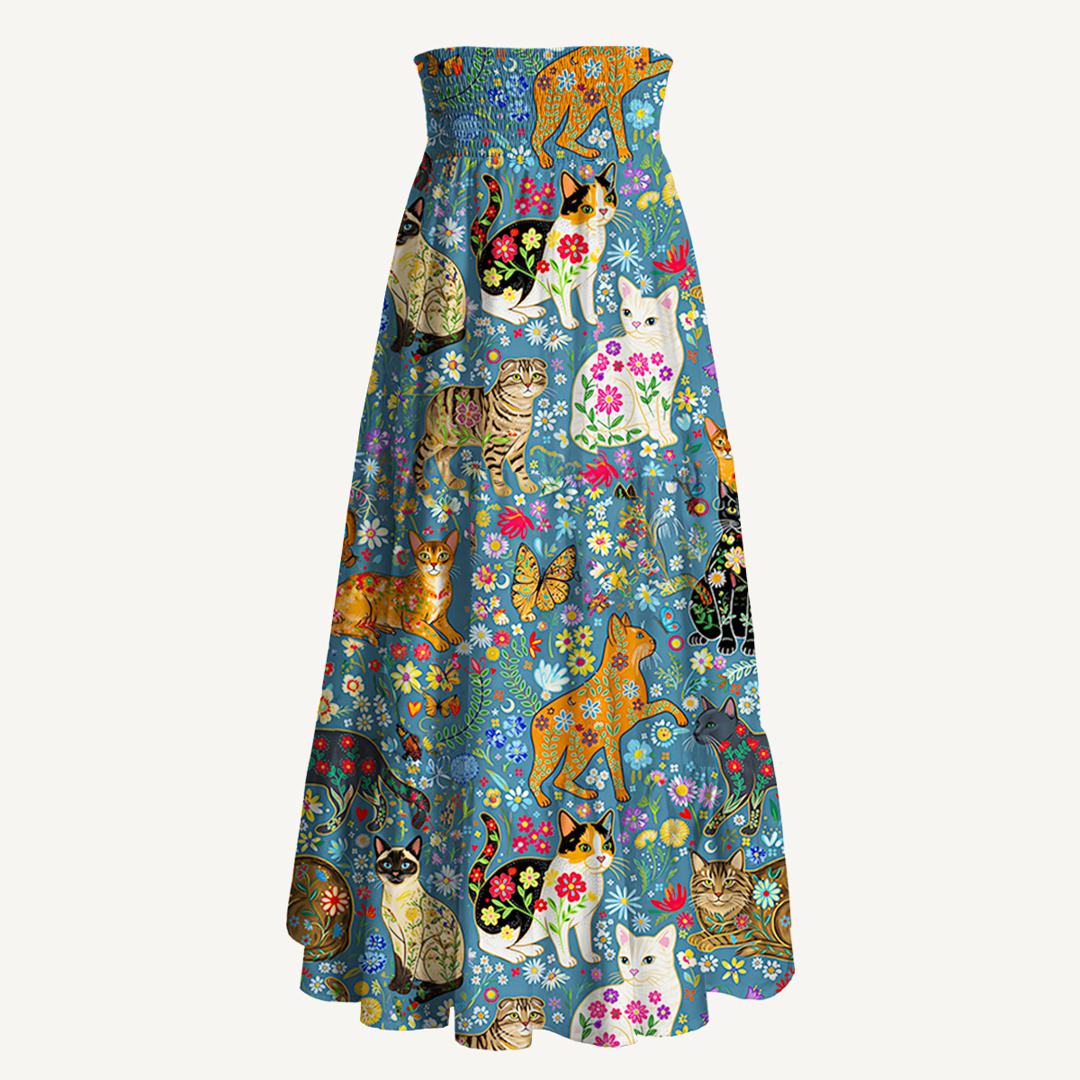 Colorful Garden Cat Print Maxi Skirt