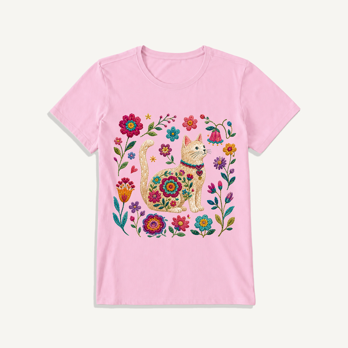 Embroidered Floral Cat Print Crew Neck Cotton Tee