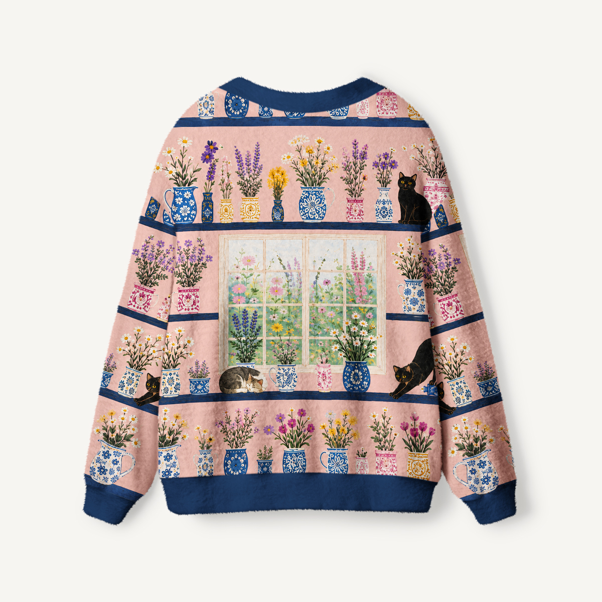 Window Garden Cat Terrace Print Ugly Cardigan Sweaters