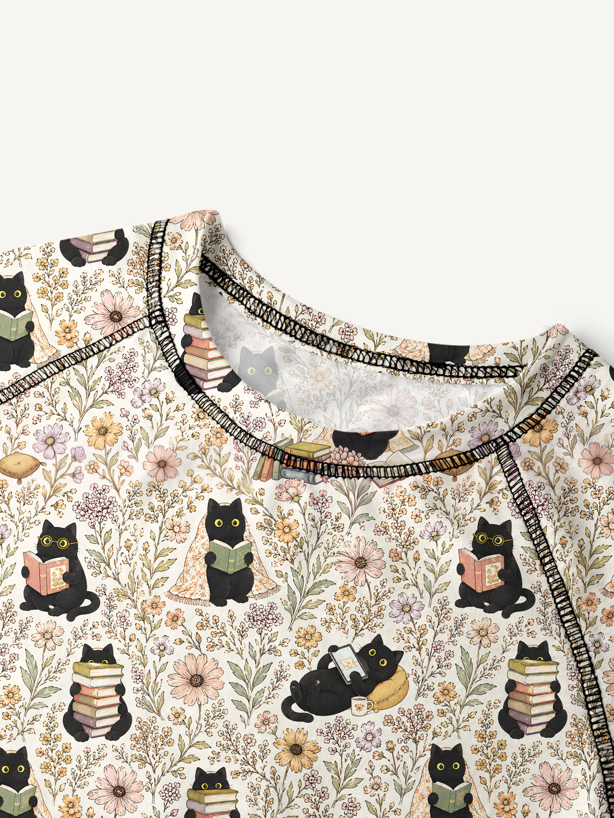 Books Blooms and Black Cats All-Over Print Cotton Raglan Long Sleeve Top