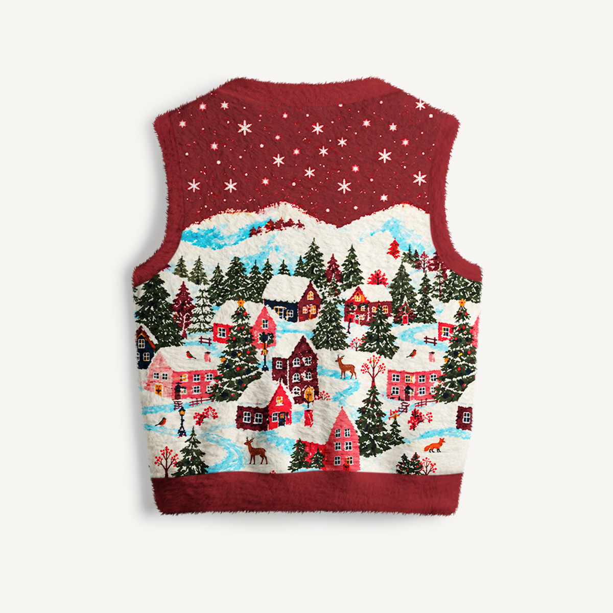 Vintage Festive Forest Village Print V-Neck Sweater Vest