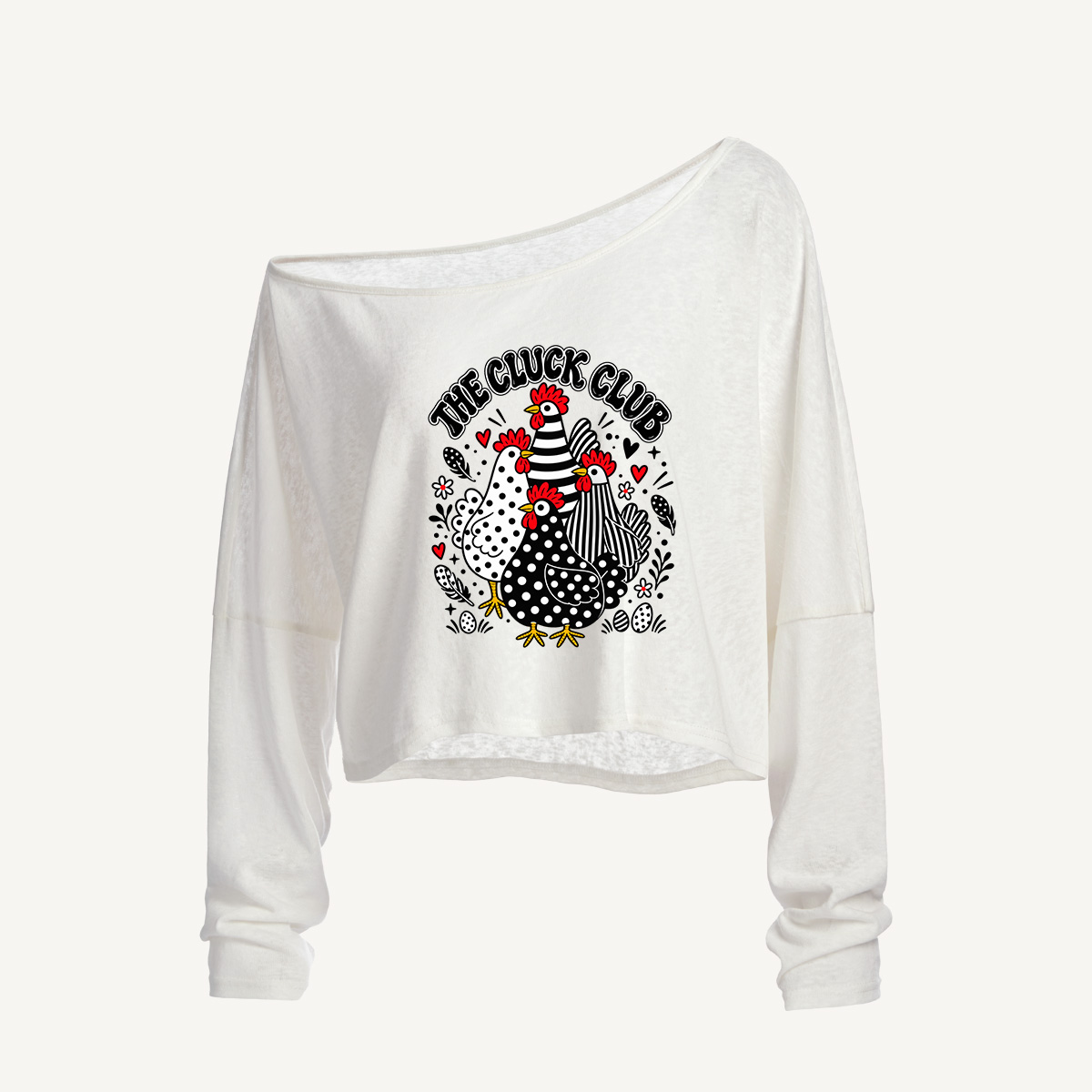 Monochrome Folk Art Hens Long Sleeve Off Shoulder T-shirt