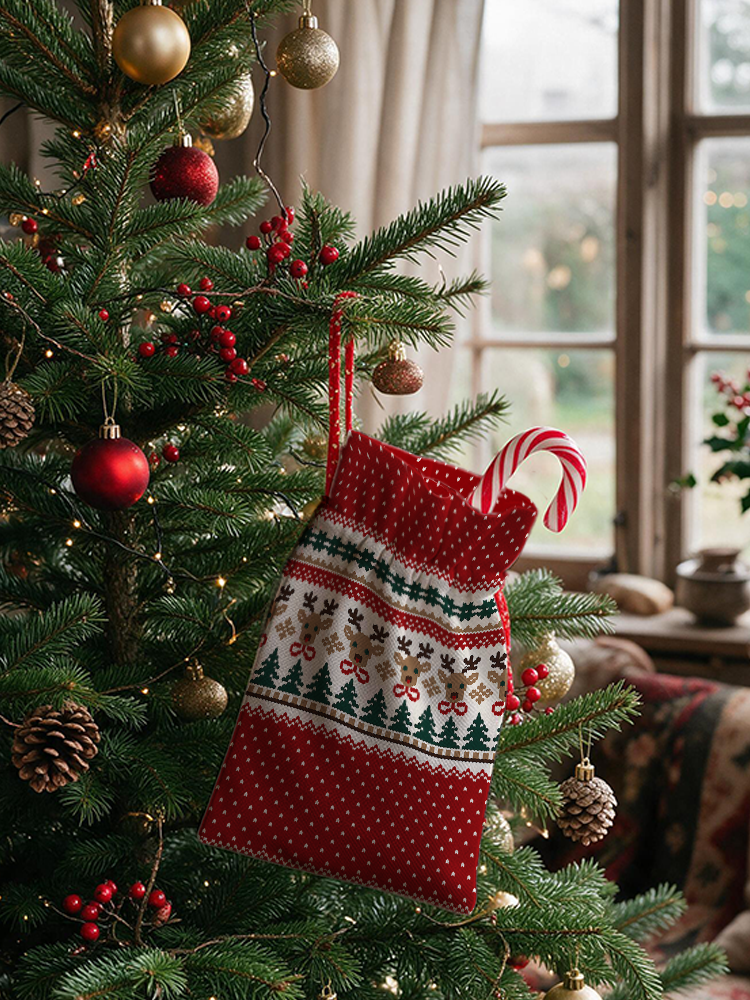 Christmas Reindeer & Pine Tree Reusable Drawstring Gift Bag