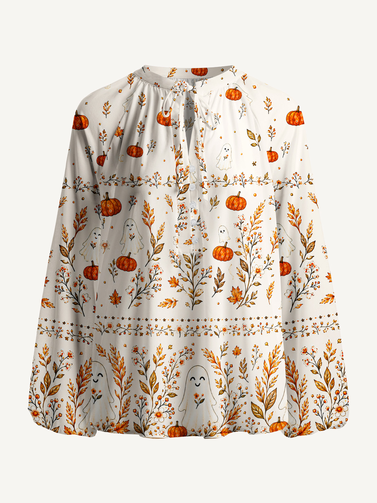 Pumpkin Ghost Cottage Print Boho Long Sleeve Tie‑Neck Blouse