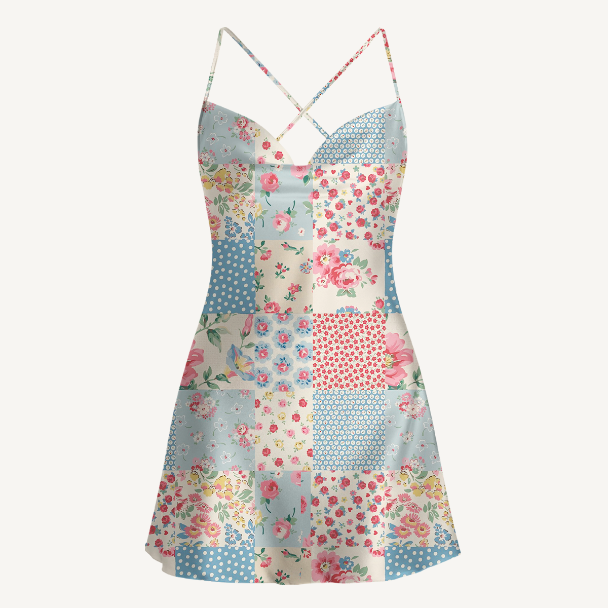 Pastel Patc Satin Cross Back Mini Dress
