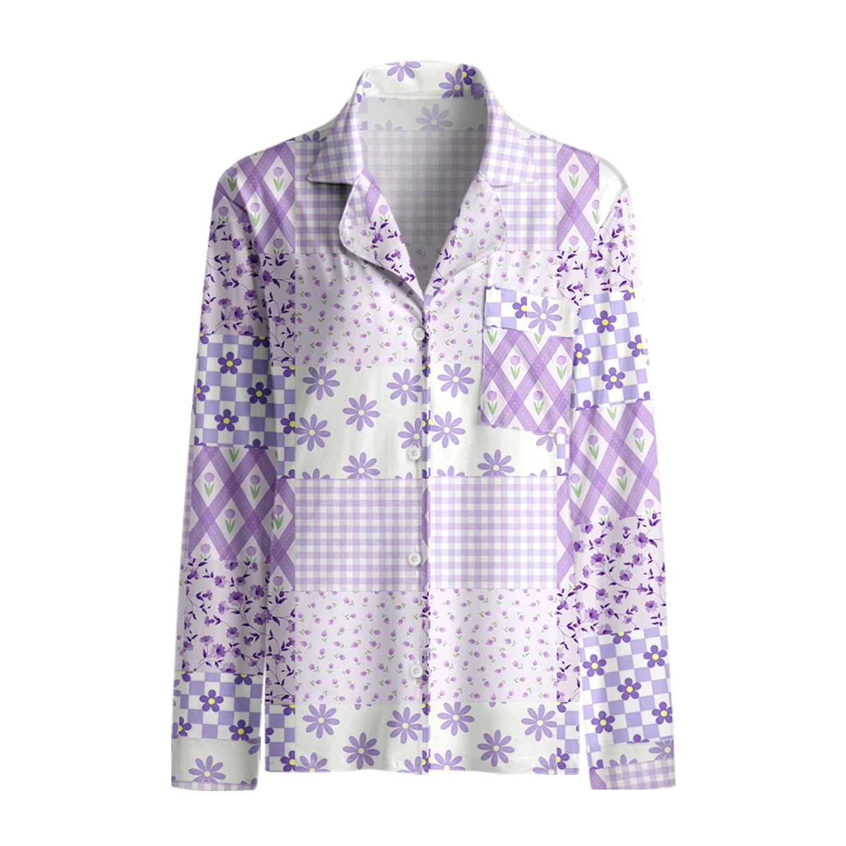 Lavender Daisy & Gingham Print Long Pajama Set 