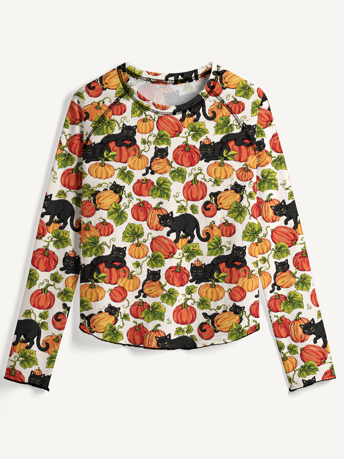 Black Cat & Pumpkin Patch All-Over Print Cotton Raglan Long Sleeve Top
