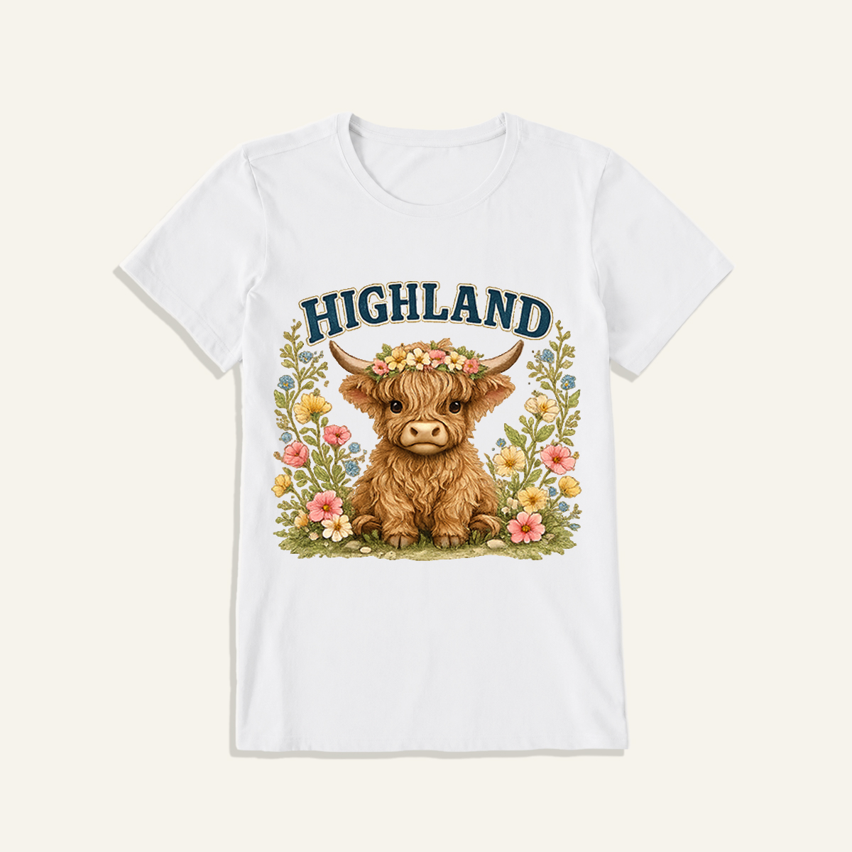 Highland Cow Wildflower Print Crew Neck Cotton Tee