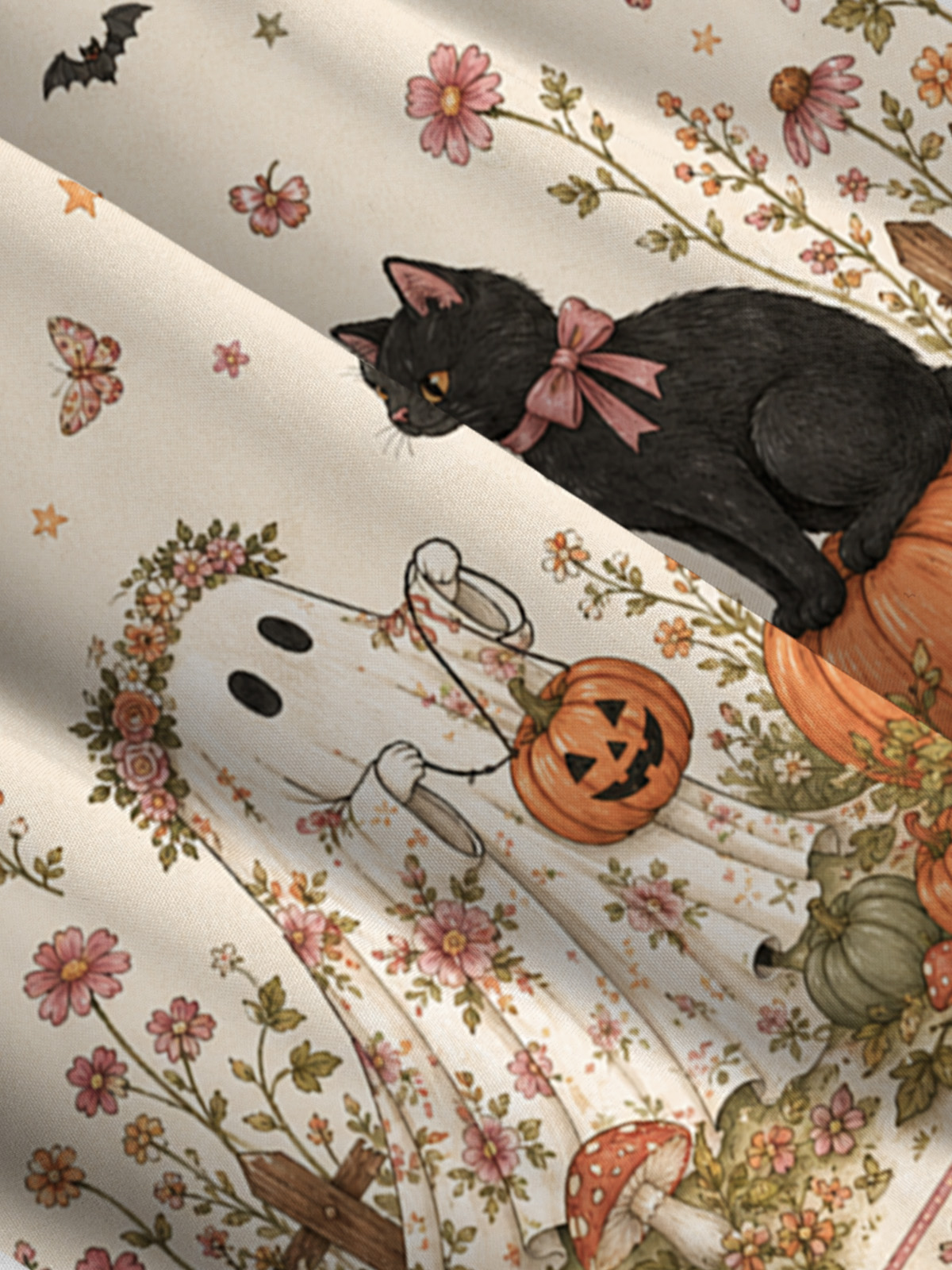 Garden Pumpkin Cat & Ghost Print Wide Straps Maxi Dress With Pockets
